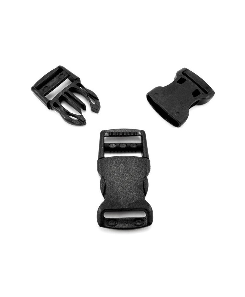 Plastic single adjusting side release buckles for 25 mm webbing, Black, AOV